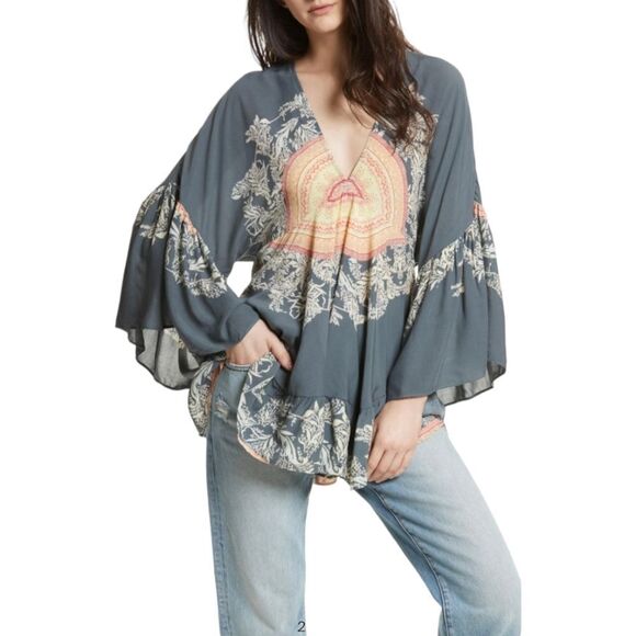 Free People Peasant Blouse Sunset Dream in Black Combo Tunic sz S - Picture 1 of 13